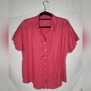 J.jill Pink 100% Linen Cuffed Short Sleeve Button Up Casual Shirt Size XL